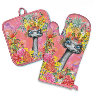 Lisa Pollock - Oven Mitt Pot Holder Set - Happy Emu