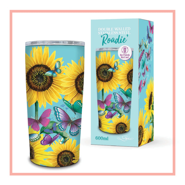 Lisa Pollock Double Walled Stainless Steel Roadie - Sunny Butterflies