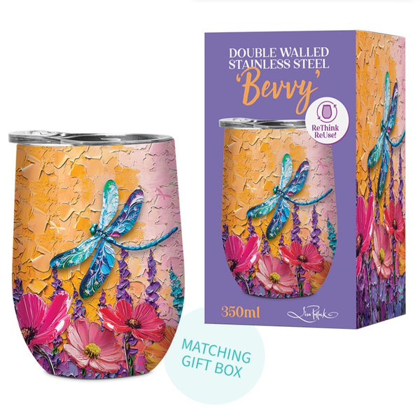 Lisa Pollock Double Walled Stainless Steel Bevvy - Playful Dragonflies